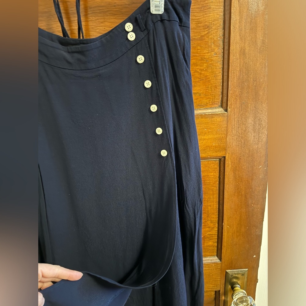 Talbots mid length navy blue skirt with tie at waist and button detailing